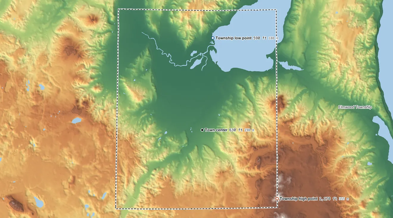 Topographic elevation map of Solon Township, Leelanau County, Michigan, shaded from 590 ft on the north side to 1,170 ft on the southeast side