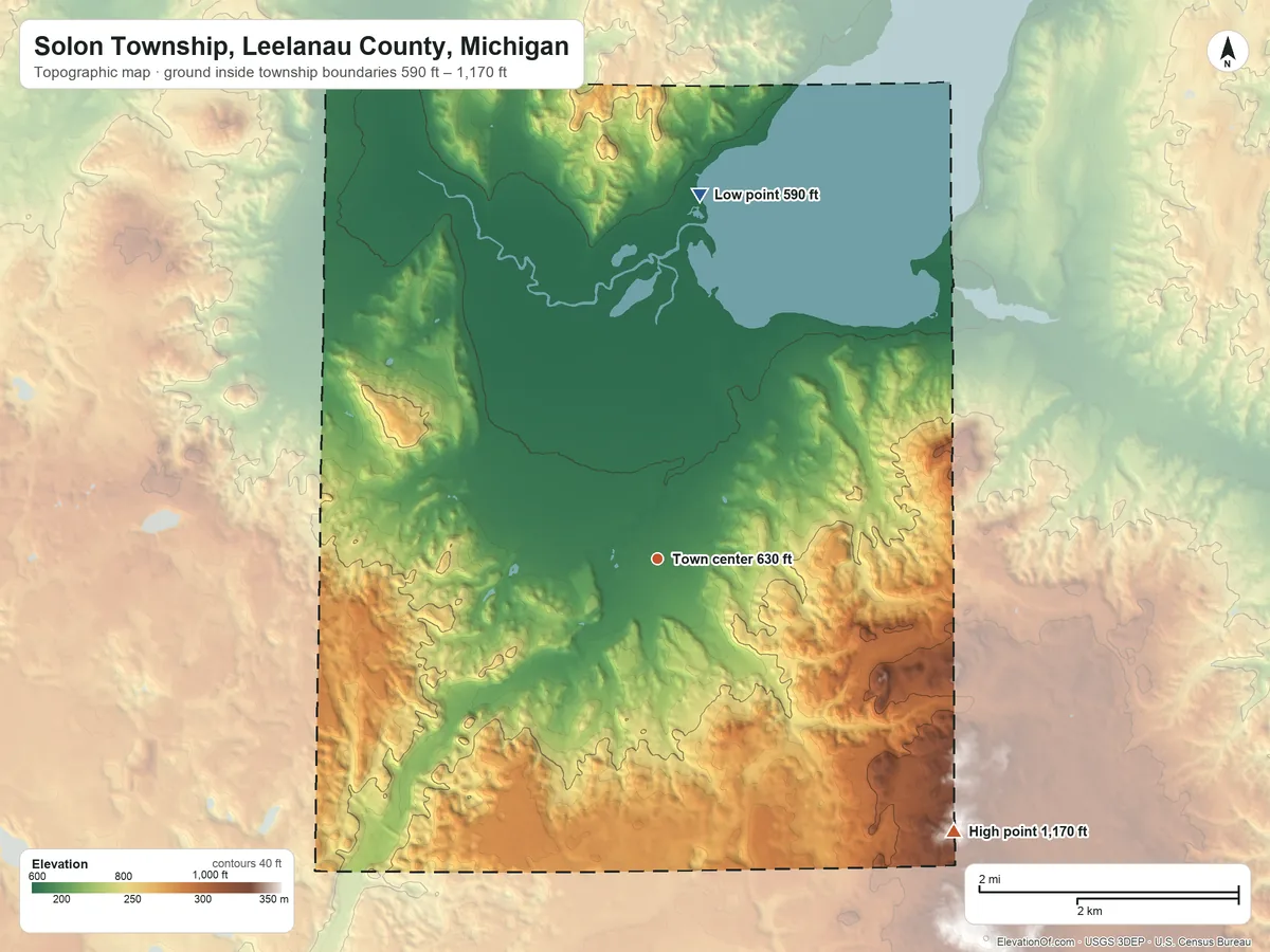 Topographic elevation map of Solon Township, Leelanau County, Michigan, shaded from 590 ft on the north side to 1,170 ft on the southeast side
