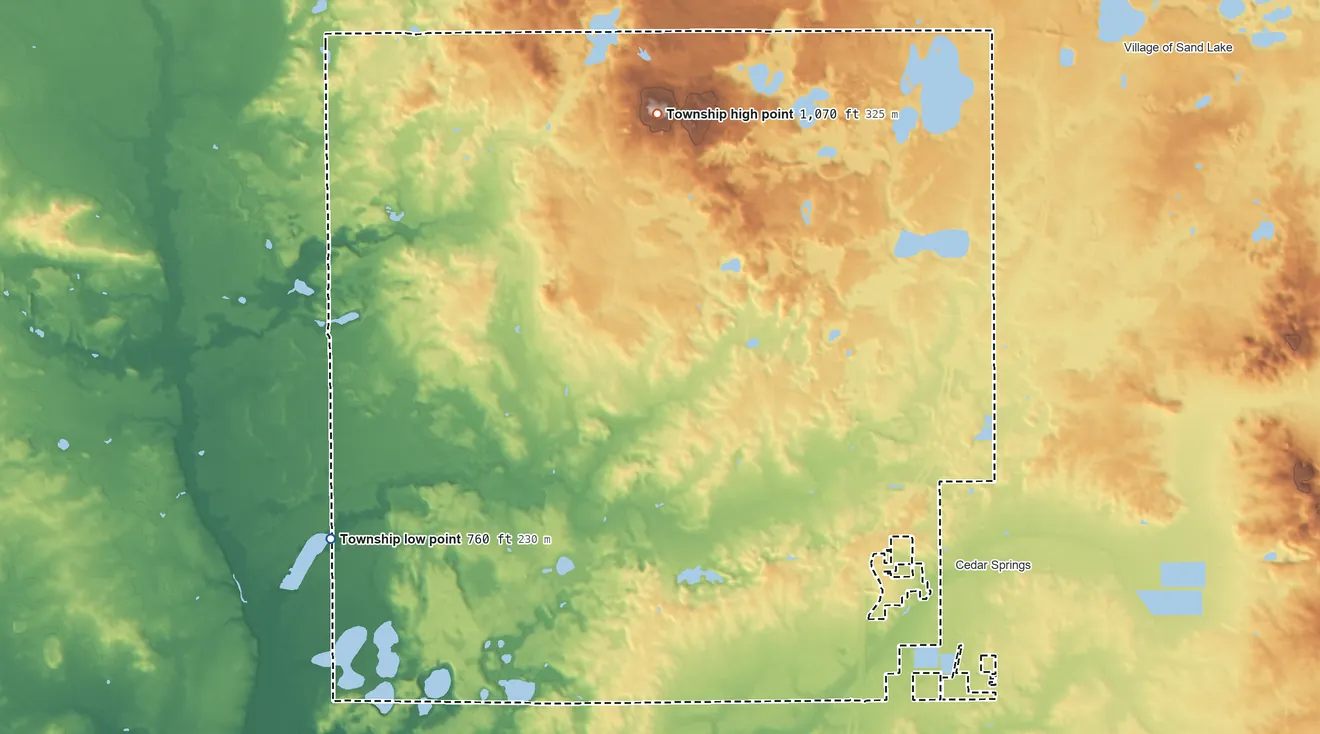 Topographic elevation map of Solon Township, Michigan, shaded from 760 ft on the west side to 1,070 ft on the north side