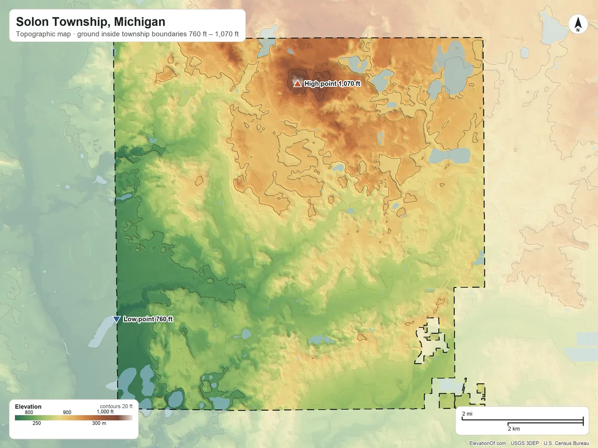 Topographic elevation map of Solon Township, Michigan, shaded from 760 ft on the west side to 1,070 ft on the north side