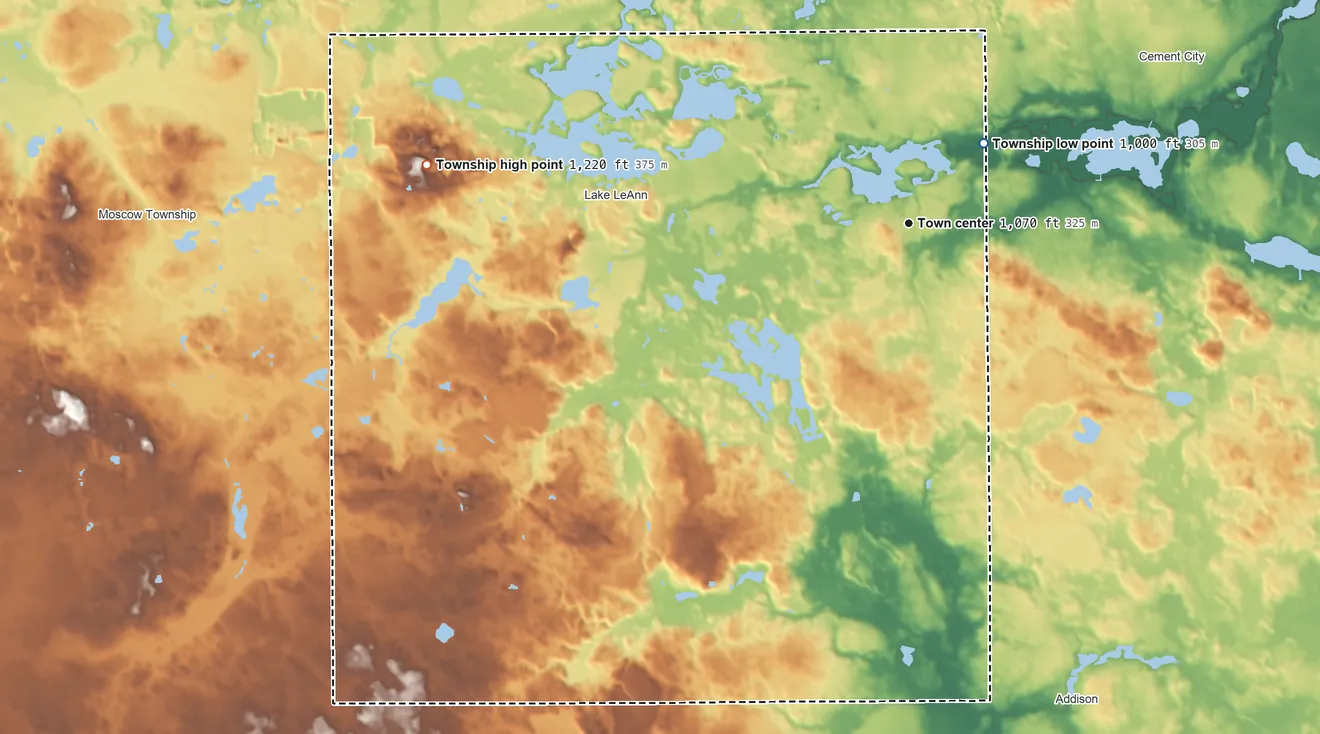 Topographic elevation map of Somerset Township, Michigan, shaded from 1,000 ft on the northeast side to 1,220 ft on Bunday Hill