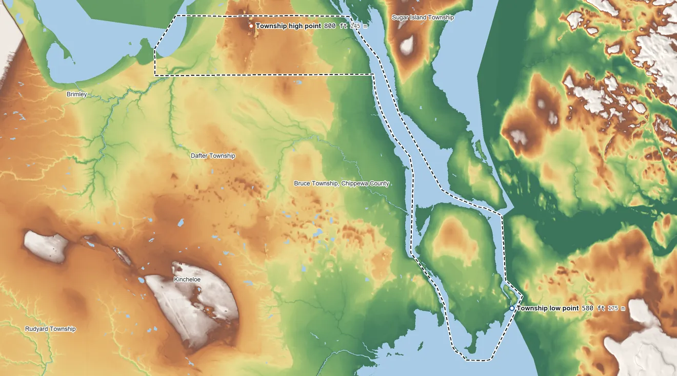 Topographic elevation map of Soo Township, Michigan, shaded from 580 ft on the southeast side to 800 ft on the northwest side
