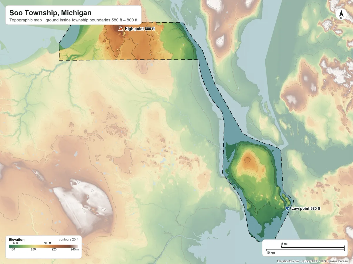 Topographic elevation map of Soo Township, Michigan, shaded from 580 ft on the southeast side to 800 ft on the northwest side