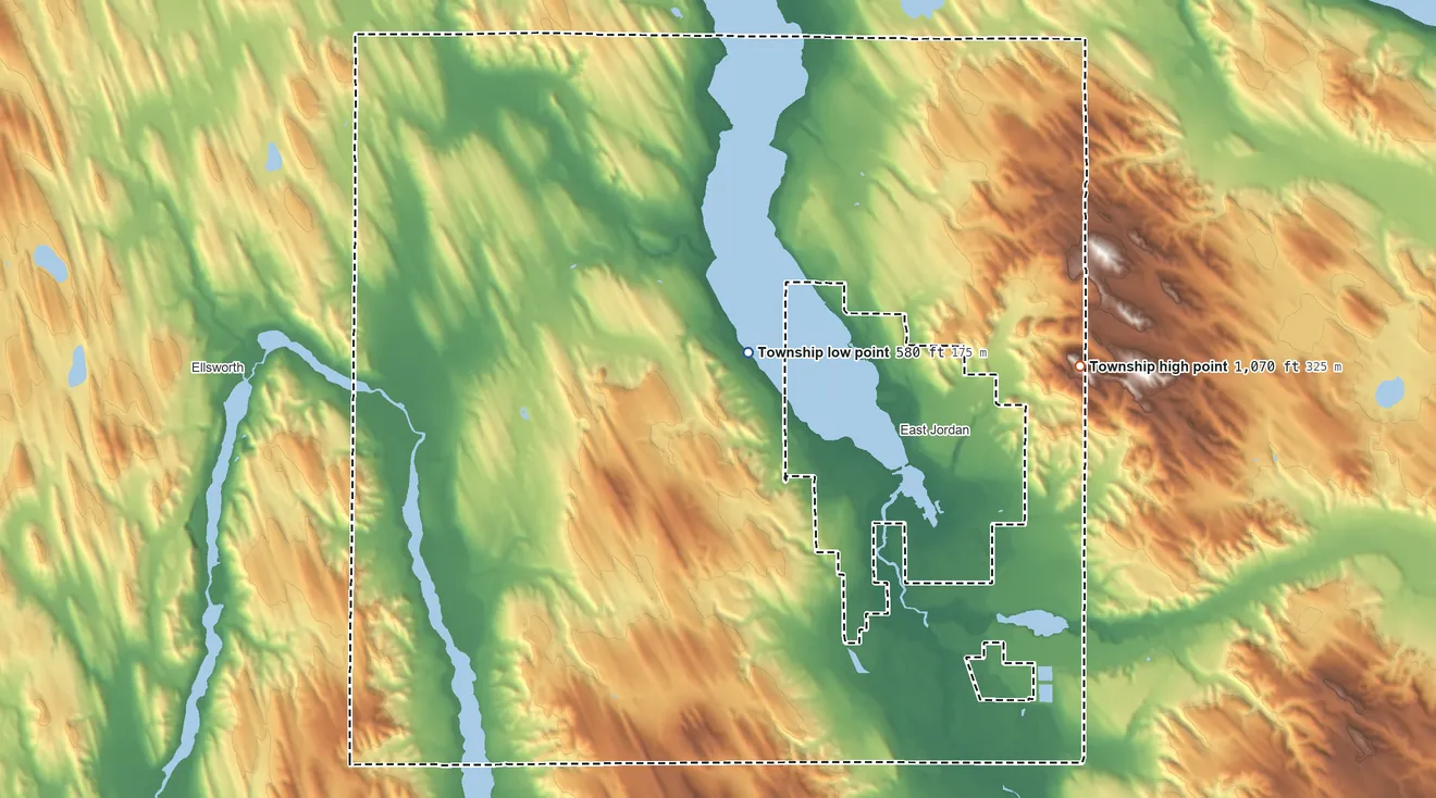 Topographic elevation map of South Arm Township, Michigan, shaded from 580 ft near the middle to 1,070 ft on the east side