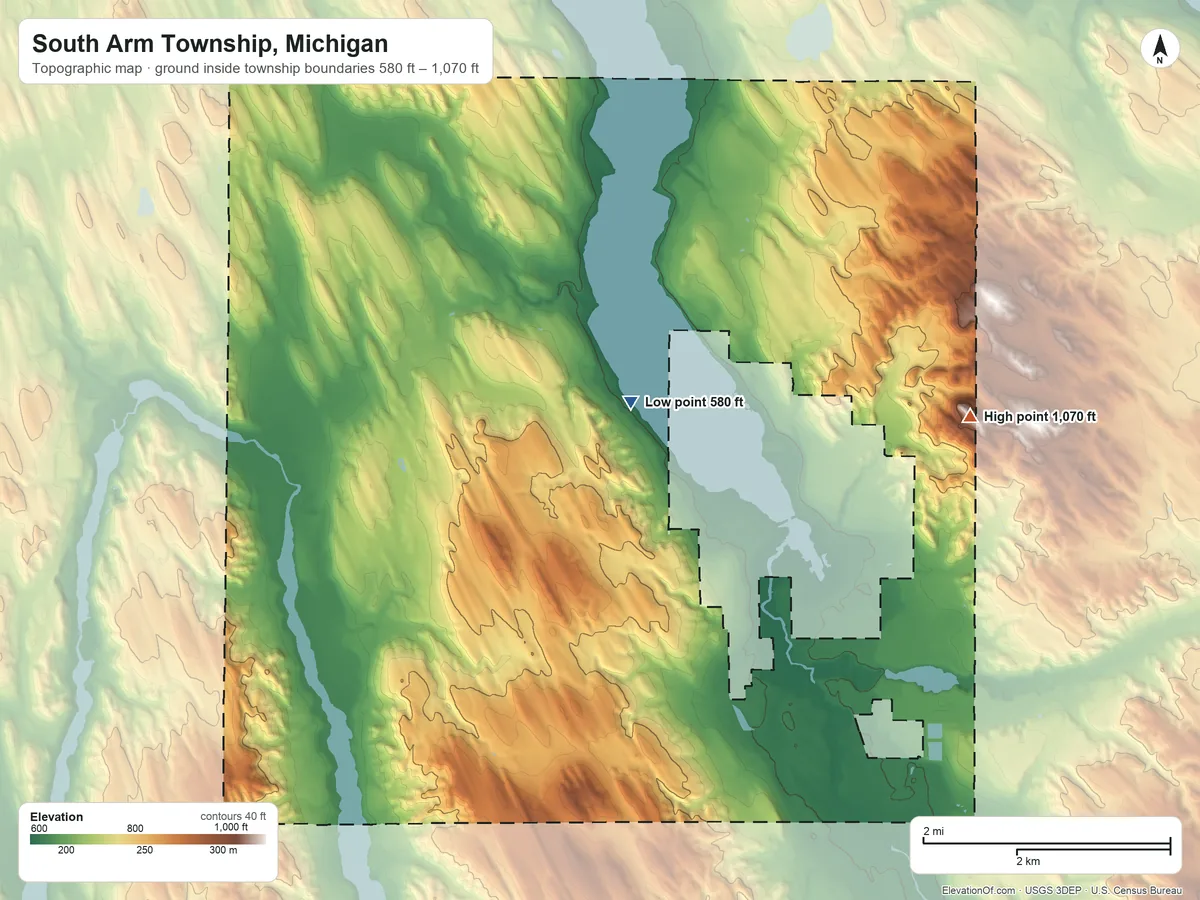 Topographic elevation map of South Arm Township, Michigan, shaded from 580 ft near the middle to 1,070 ft on the east side