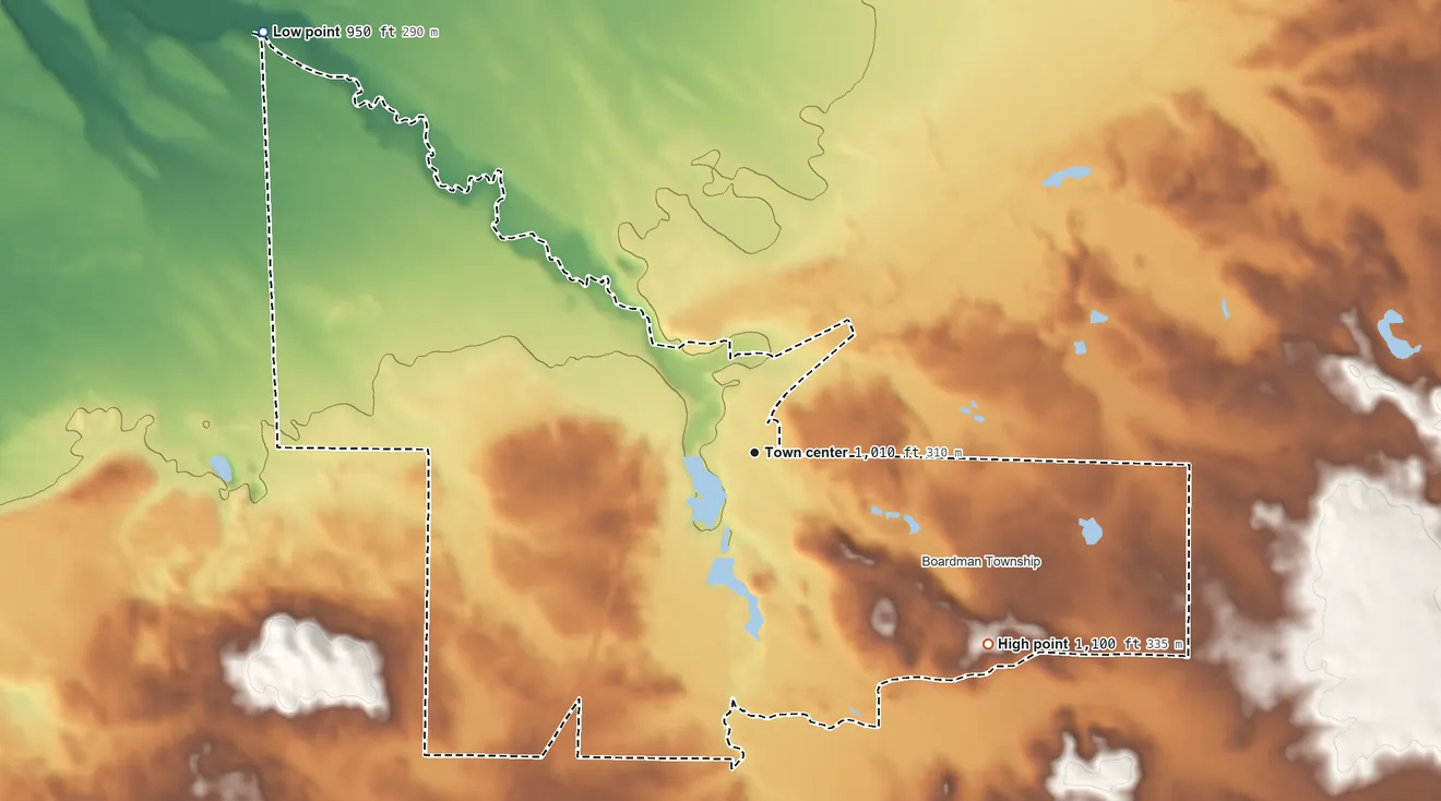 Topographic elevation map of South Boardman, Michigan, shaded from 950 ft on the northwest side to 1,100 ft on the southeast side