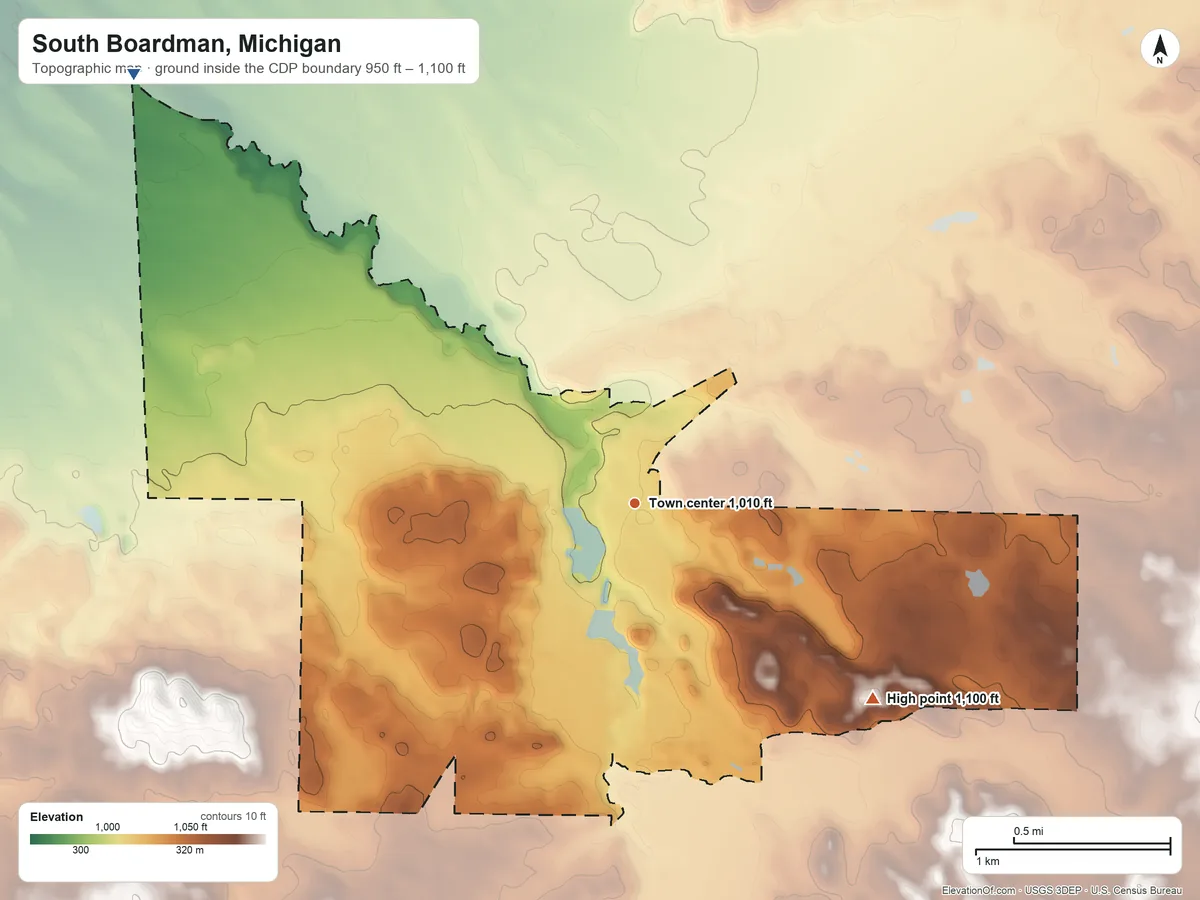 Topographic elevation map of South Boardman, Michigan, shaded from 950 ft on the northwest side to 1,100 ft on the southeast side