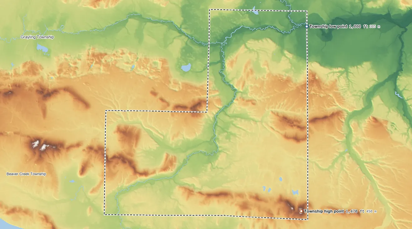 Topographic elevation map of South Branch Township, Michigan, shaded from 1,000 ft on the northeast side to 1,470 ft on the east side