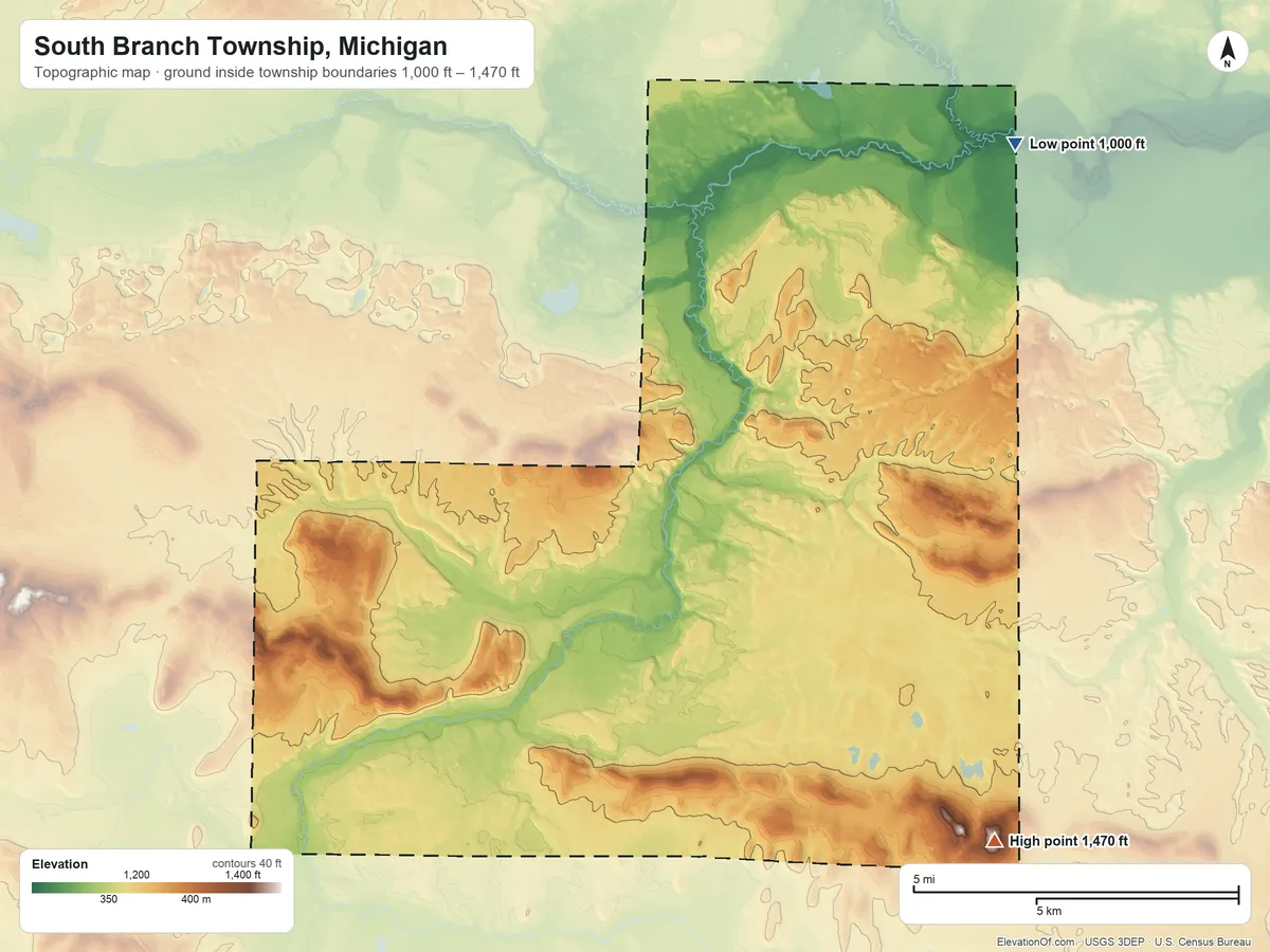 Topographic elevation map of South Branch Township, Michigan, shaded from 1,000 ft on the northeast side to 1,470 ft on the east side