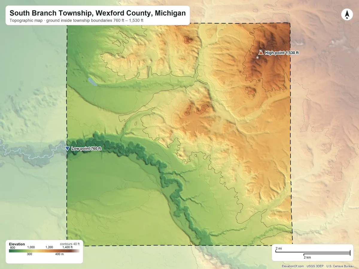 Topographic elevation map of South Branch Township, Wexford County, Michigan, shaded from 760 ft on the west side to 1,530 ft on the northeast side