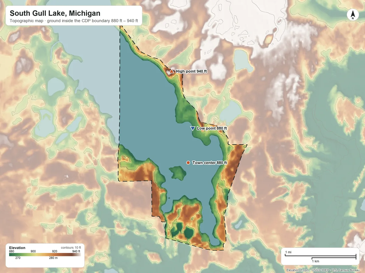 Topographic elevation map of South Gull Lake, Michigan, shaded from 880 ft on the north side to 940 ft on the north side