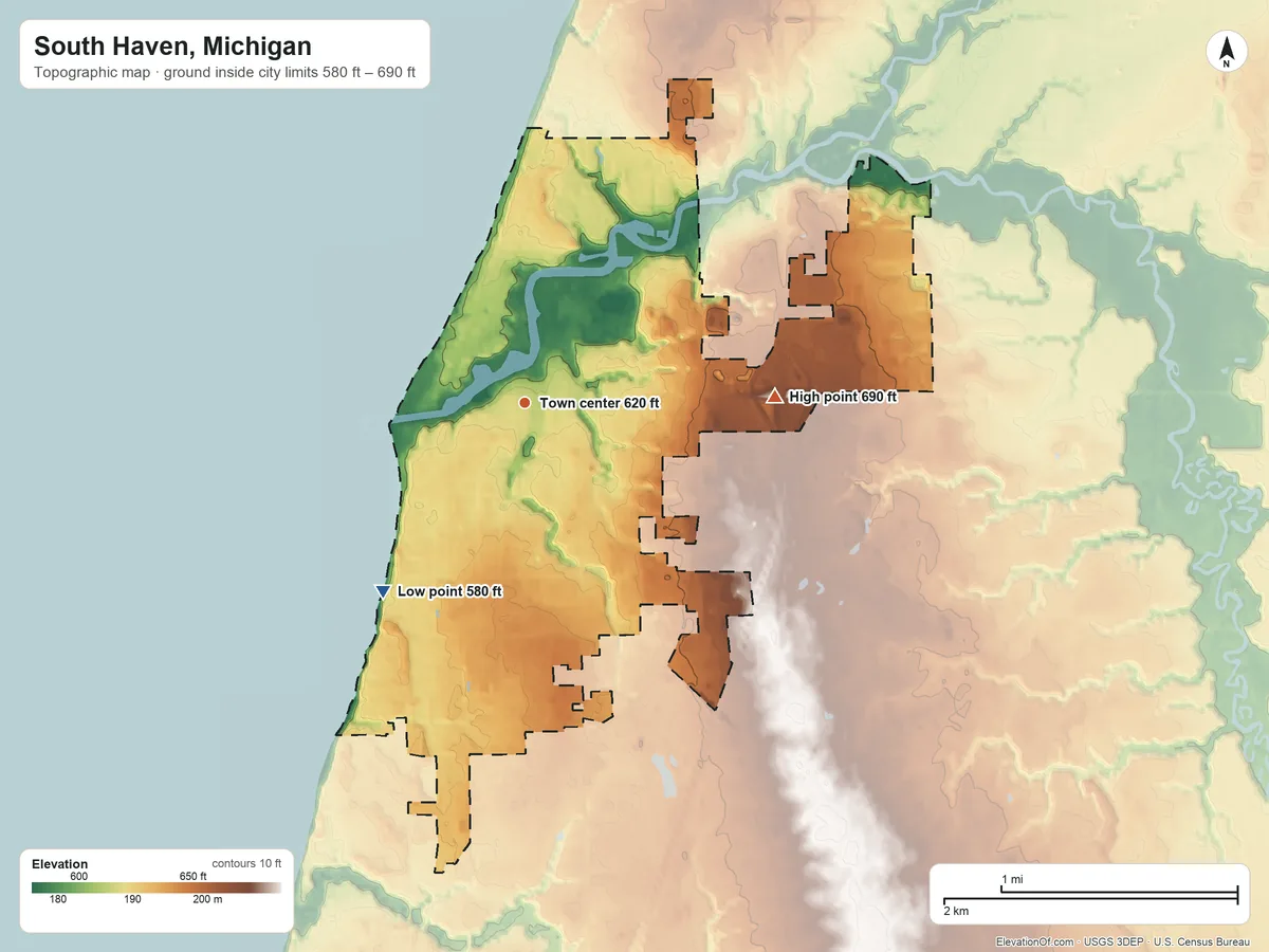 Topographic elevation map of South Haven, Michigan, shaded from 580 ft on the southwest side to 690 ft on the east side