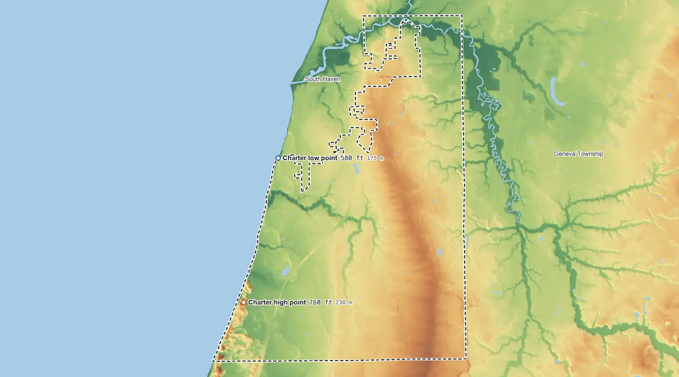 Topographic elevation map of South Haven Township, Michigan, shaded from 580 ft on the northwest side to 760 ft on the southwest side