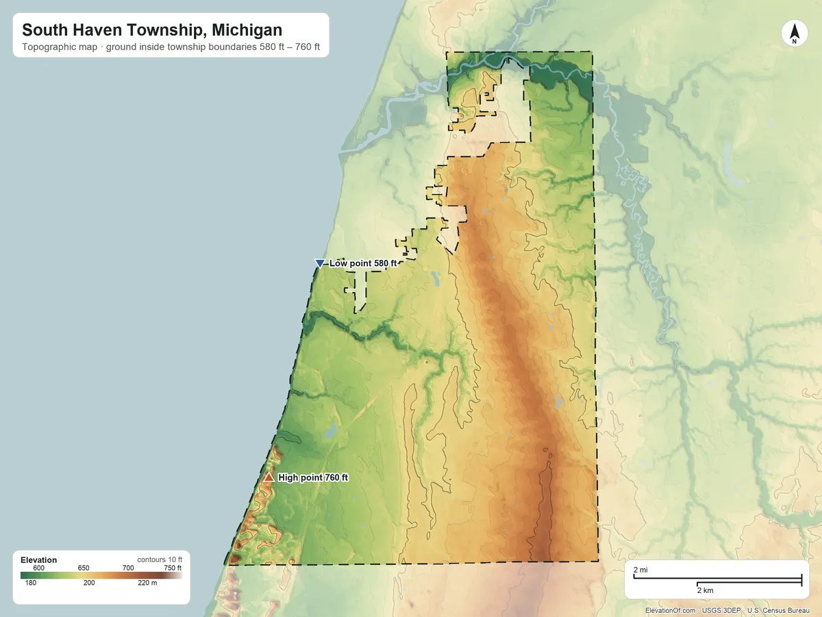 Topographic elevation map of South Haven Township, Michigan, shaded from 580 ft on the northwest side to 760 ft on the southwest side