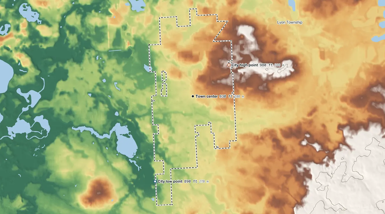 Topographic elevation map of South Lyon, Michigan, shaded from 890 ft on the southwest side to 980 ft on the northeast side