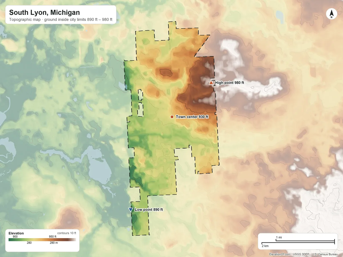 Topographic elevation map of South Lyon, Michigan, shaded from 890 ft on the southwest side to 980 ft on the northeast side