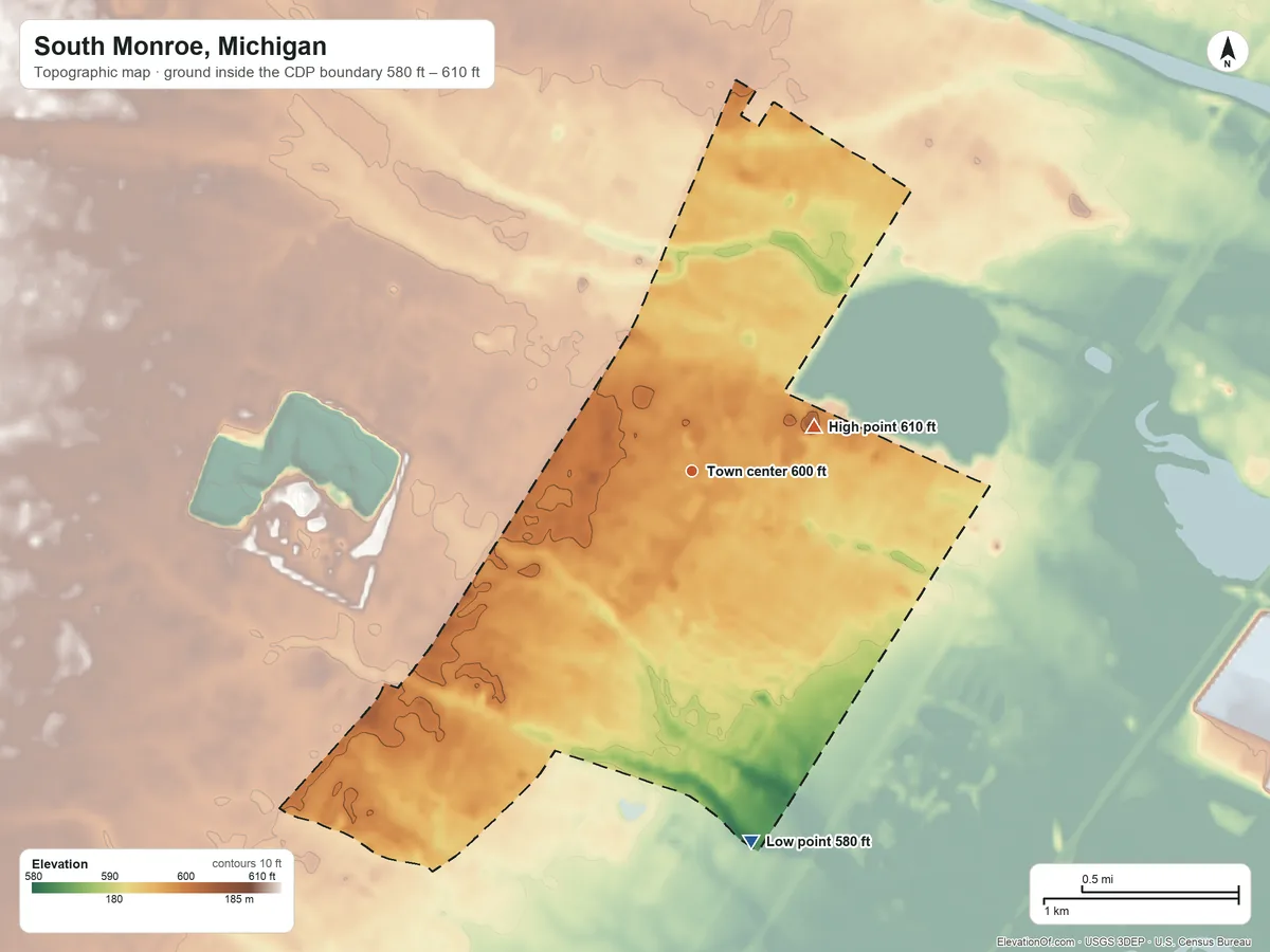 Topographic elevation map of South Monroe, Michigan, shaded from 580 ft on the south side to 610 ft on the east side