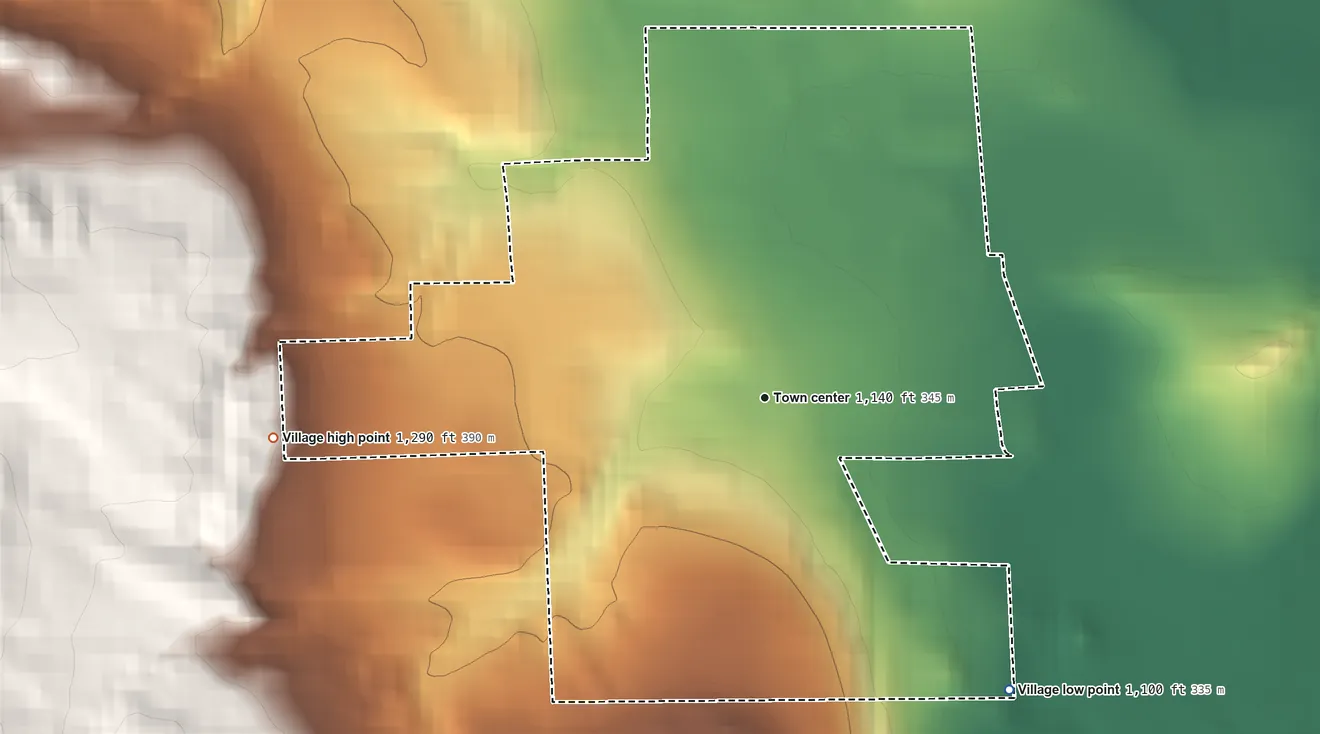Topographic elevation map of South Range, Michigan, shaded from 1,100 ft on the southeast side to 1,290 ft on the west side