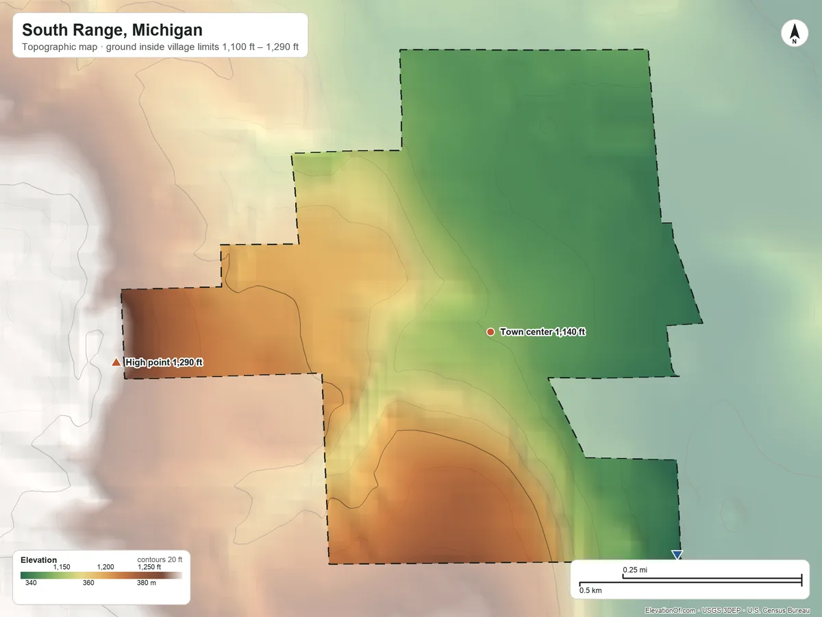 Topographic elevation map of South Range, Michigan, shaded from 1,100 ft on the southeast side to 1,290 ft on the west side