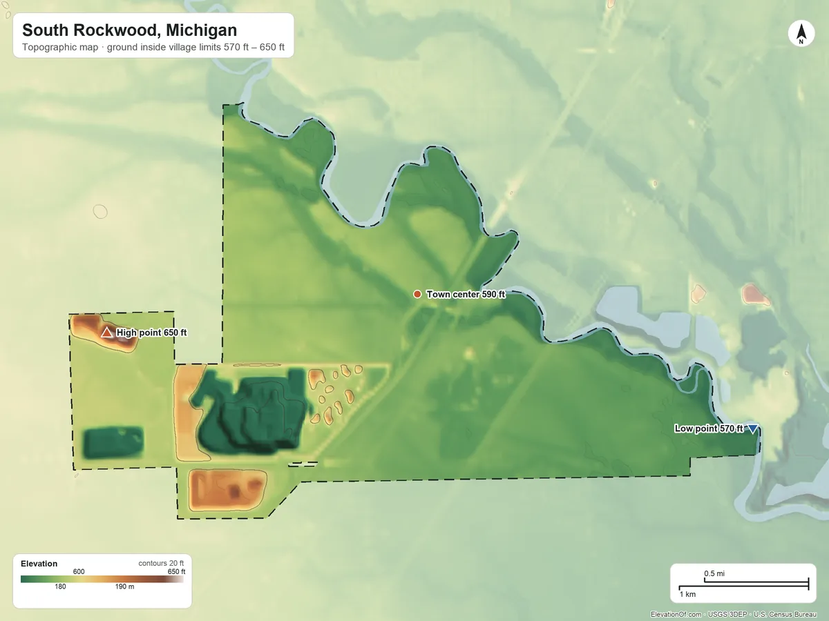 Topographic elevation map of South Rockwood, Michigan, shaded from 570 ft on the east side to 650 ft on the west side