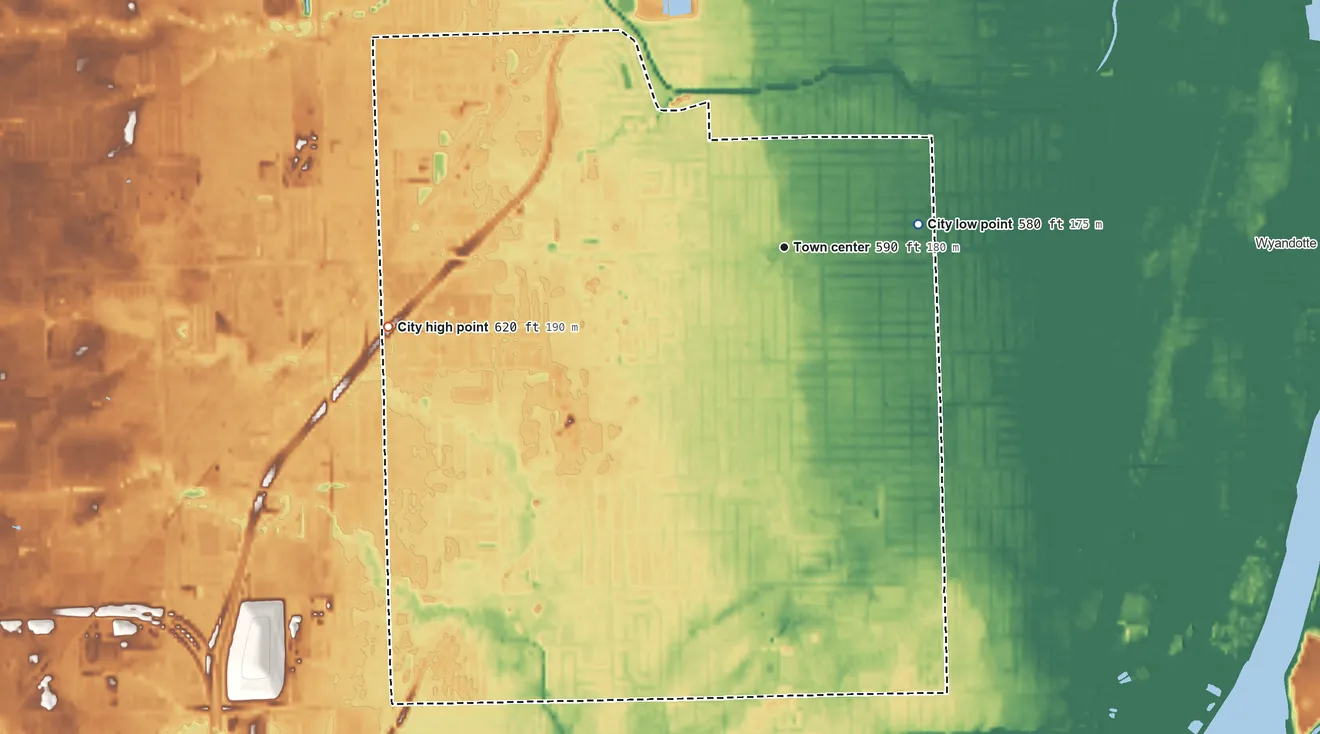 Topographic elevation map of Southgate, Michigan, shaded from 580 ft on the east side to 620 ft on the west side