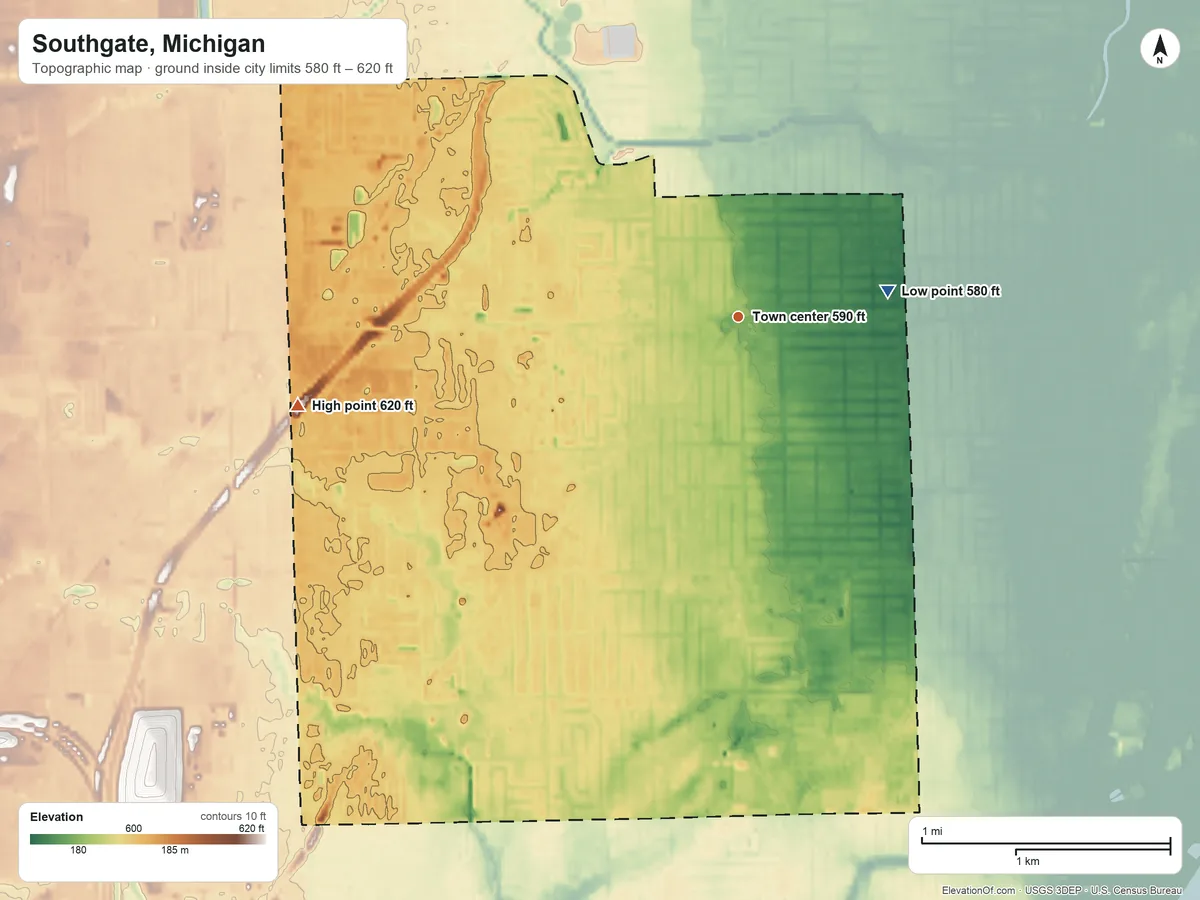 Topographic elevation map of Southgate, Michigan, shaded from 580 ft on the east side to 620 ft on the west side