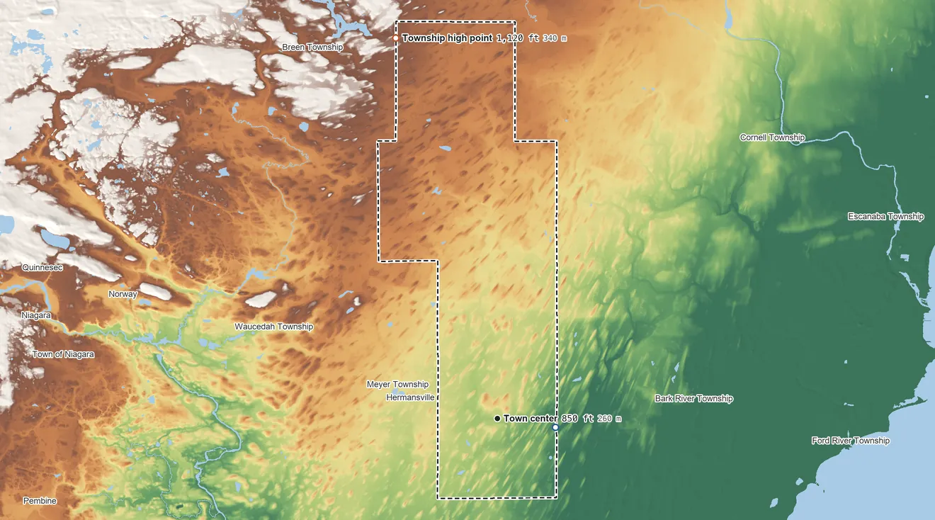 Topographic elevation map of Spalding Township, Michigan, shaded from 760 ft on the east side to 1,120 ft on the north side