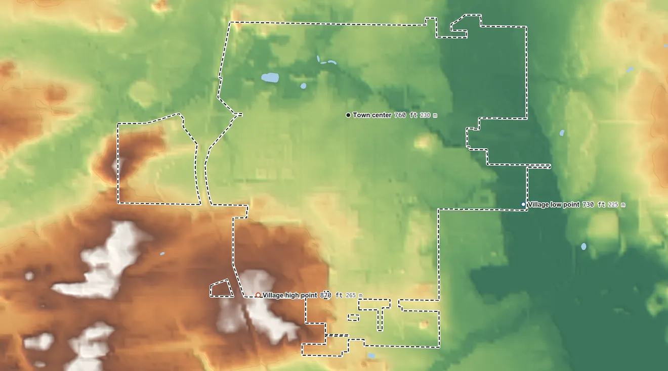 Topographic elevation map of Sparta, Michigan, shaded from 730 ft on the southeast side to 870 ft on the southwest side
