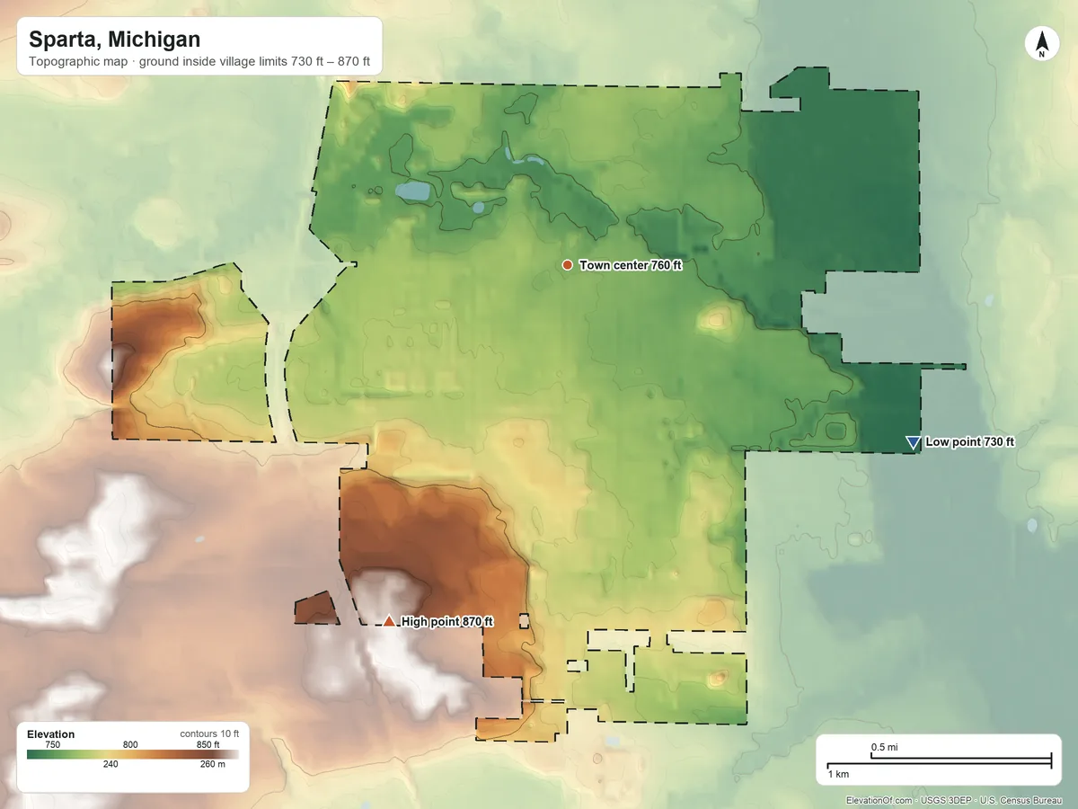 Topographic elevation map of Sparta, Michigan, shaded from 730 ft on the southeast side to 870 ft on the southwest side