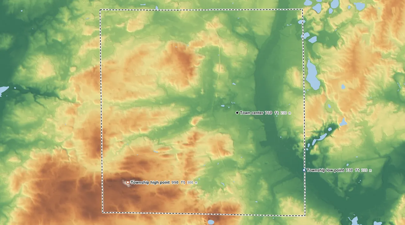 Topographic elevation map of Sparta Township, Michigan, shaded from 730 ft on the southeast side to 990 ft on the southwest side