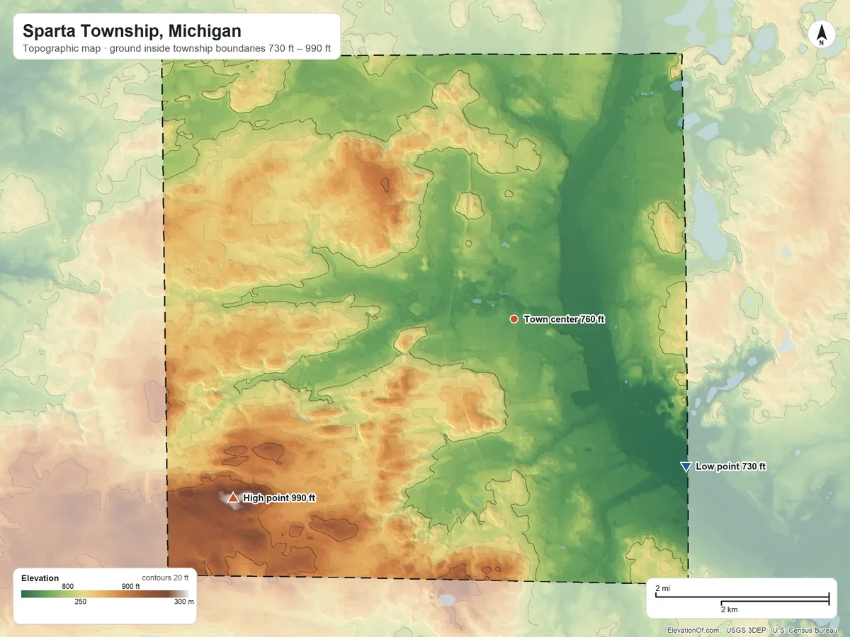 Topographic elevation map of Sparta Township, Michigan, shaded from 730 ft on the southeast side to 990 ft on the southwest side