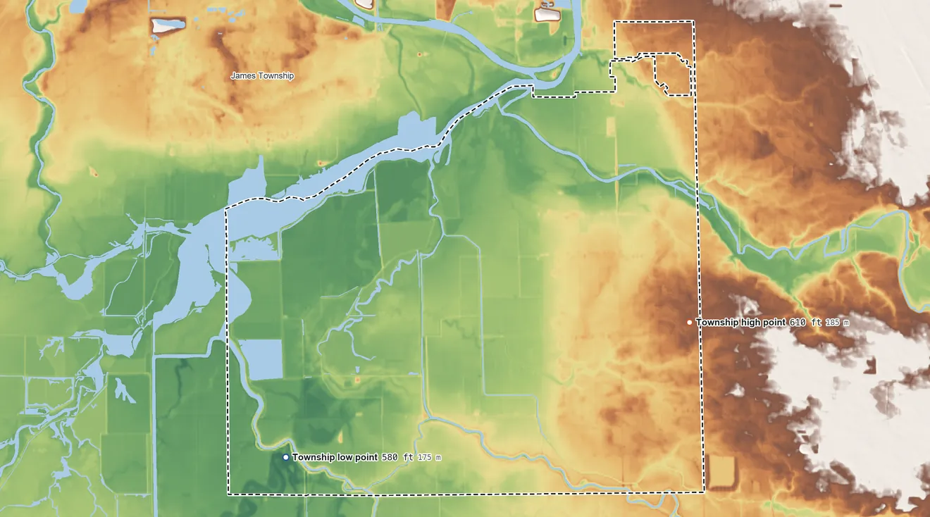 Topographic elevation map of Spaulding Township, Michigan, shaded from 580 ft on the southwest side to 610 ft on the southeast side