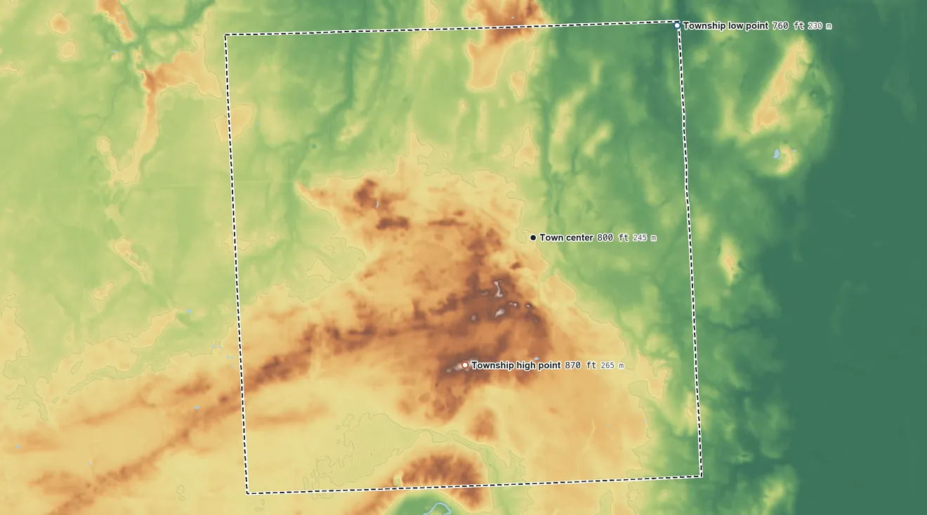 Topographic elevation map of Speaker Township, Michigan, shaded from 760 ft on the northeast side to 870 ft on the southwest side