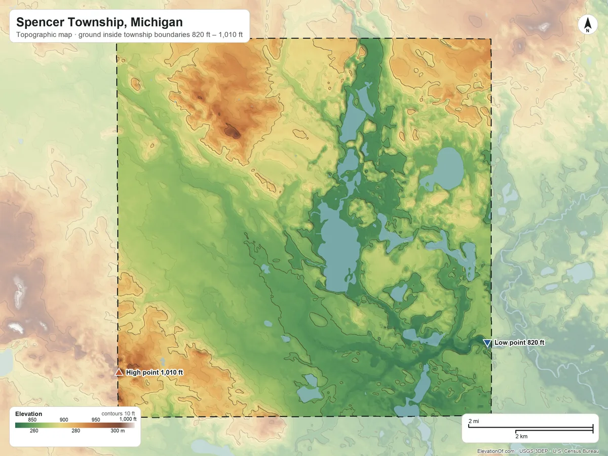 Topographic elevation map of Spencer Township, Michigan, shaded from 820 ft on the southeast side to 1,010 ft on the southwest side