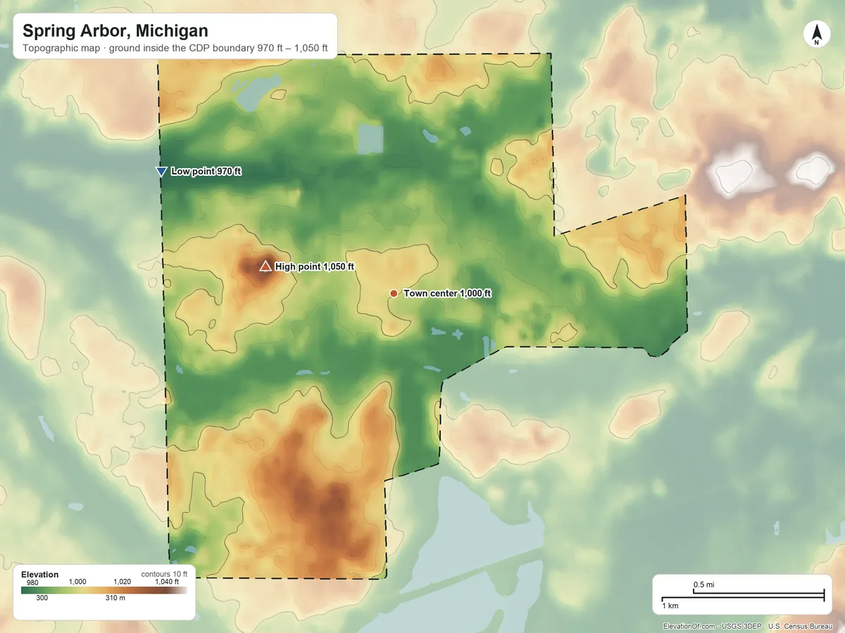 Topographic elevation map of Spring Arbor, Michigan, shaded from 970 ft on the northwest side to 1,050 ft on the west side