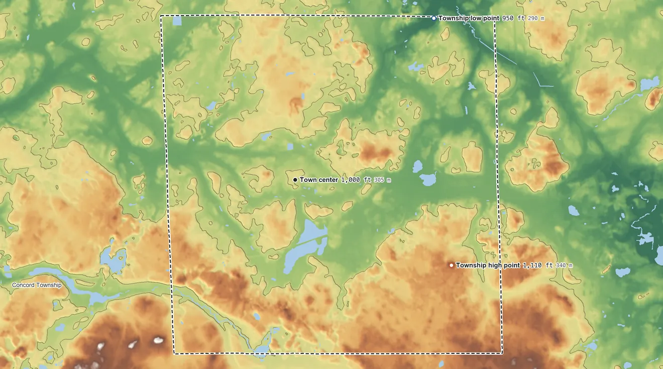 Topographic elevation map of Spring Arbor Township, Michigan, shaded from 950 ft on the northeast side to 1,110 ft on the southeast side