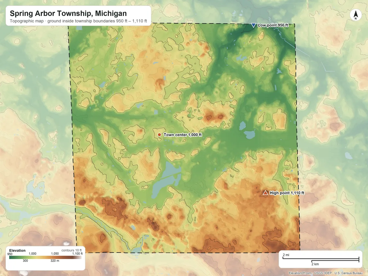 Topographic elevation map of Spring Arbor Township, Michigan, shaded from 950 ft on the northeast side to 1,110 ft on the southeast side