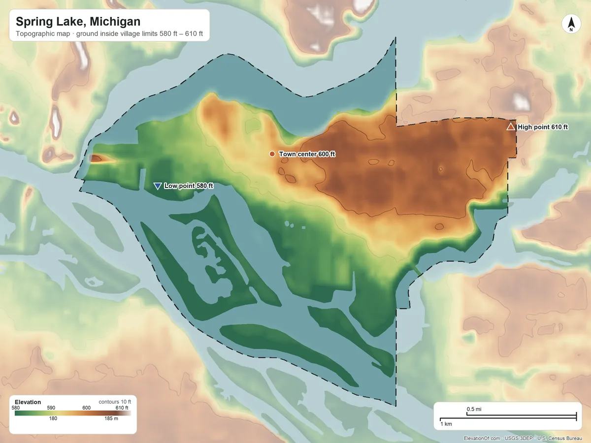 Topographic elevation map of Spring Lake, Michigan, shaded from 580 ft on the west side to 610 ft on the east side