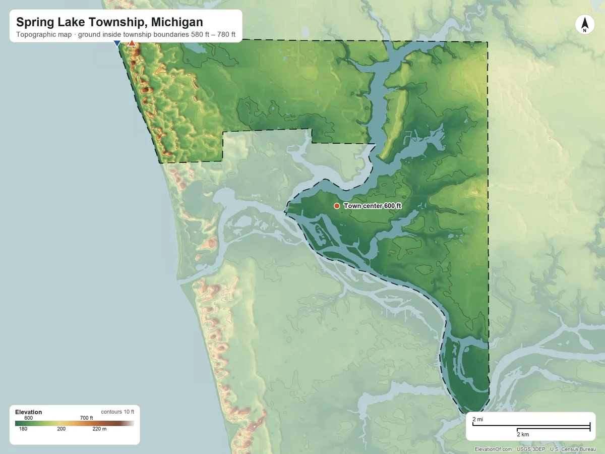 Topographic elevation map of Spring Lake Township, Michigan, shaded from 580 ft on the northwest side to 780 ft on the northwest side