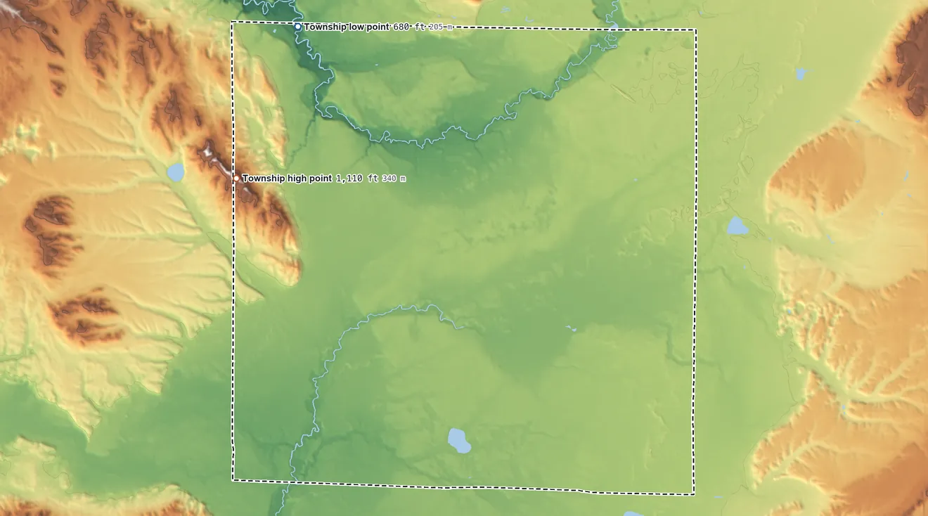 Topographic elevation map of Springdale Township, Michigan, shaded from 680 ft on the northwest side to 1,110 ft on the west side