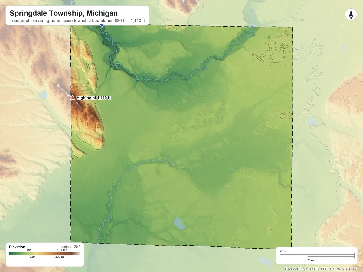 Topographic elevation map of Springdale Township, Michigan, shaded from 680 ft on the northwest side to 1,110 ft on the west side