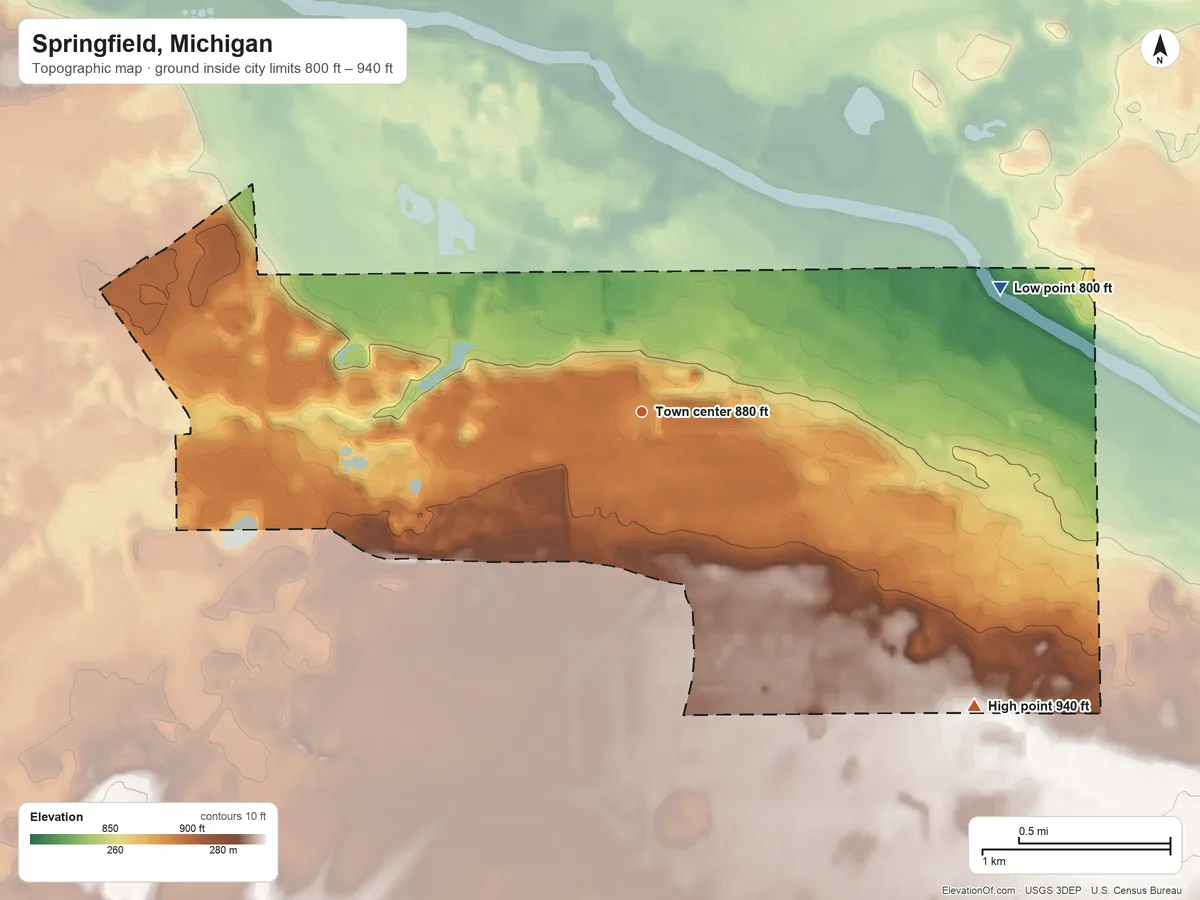 Topographic elevation map of Springfield, Michigan, shaded from 800 ft on the east side to 940 ft on the southeast side