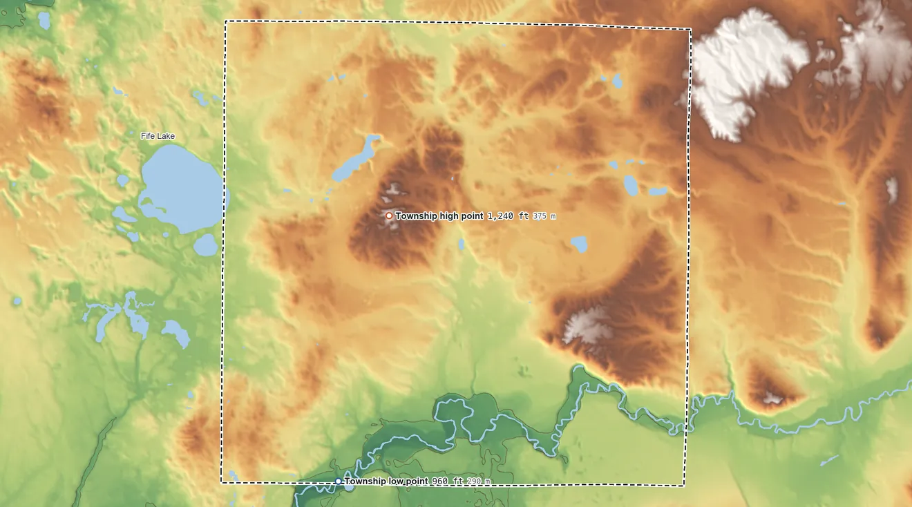Topographic elevation map of Springfield Township, Kalkaska County, Michigan, shaded from 960 ft on the south side to 1,240 ft near the middle