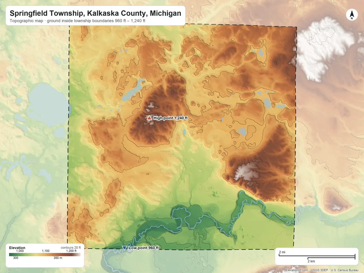 Topographic elevation map of Springfield Township, Kalkaska County, Michigan, shaded from 960 ft on the south side to 1,240 ft near the middle