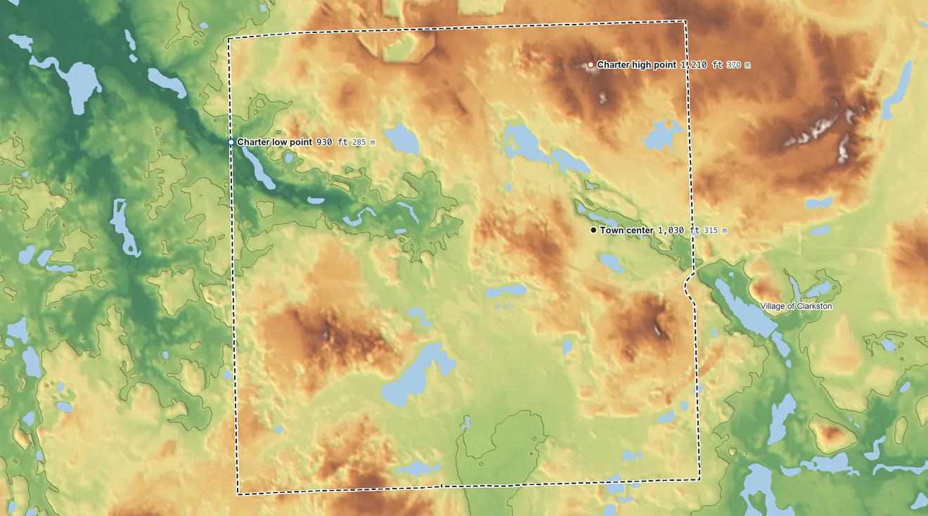 Topographic elevation map of Springfield Township, Michigan, shaded from 930 ft on the west side to 1,210 ft on the north side