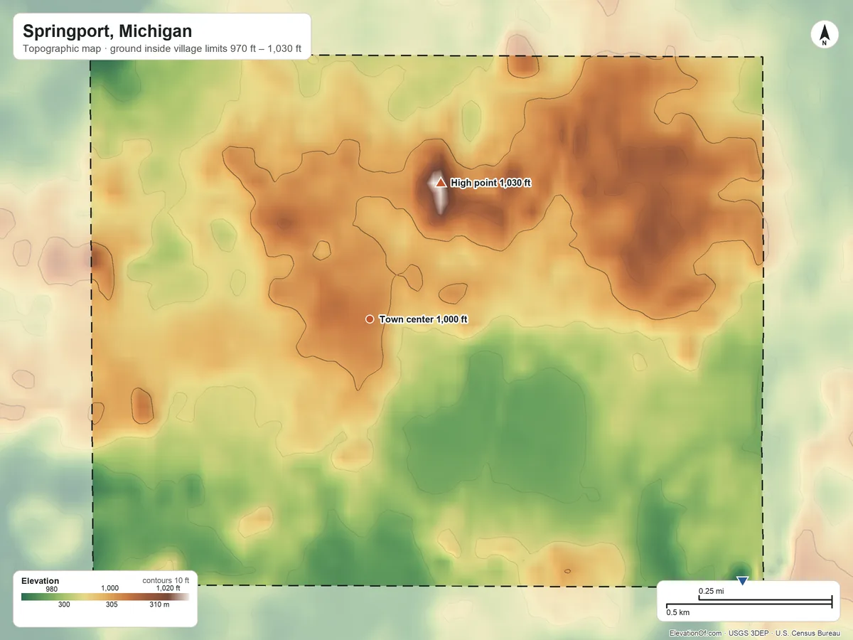 Topographic elevation map of Springport, Michigan, shaded from 970 ft on the southeast side to 1,030 ft on the northeast side