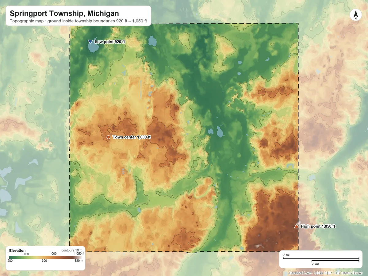 Topographic elevation map of Springport Township, Michigan, shaded from 920 ft on the north side to 1,050 ft on the southeast side
