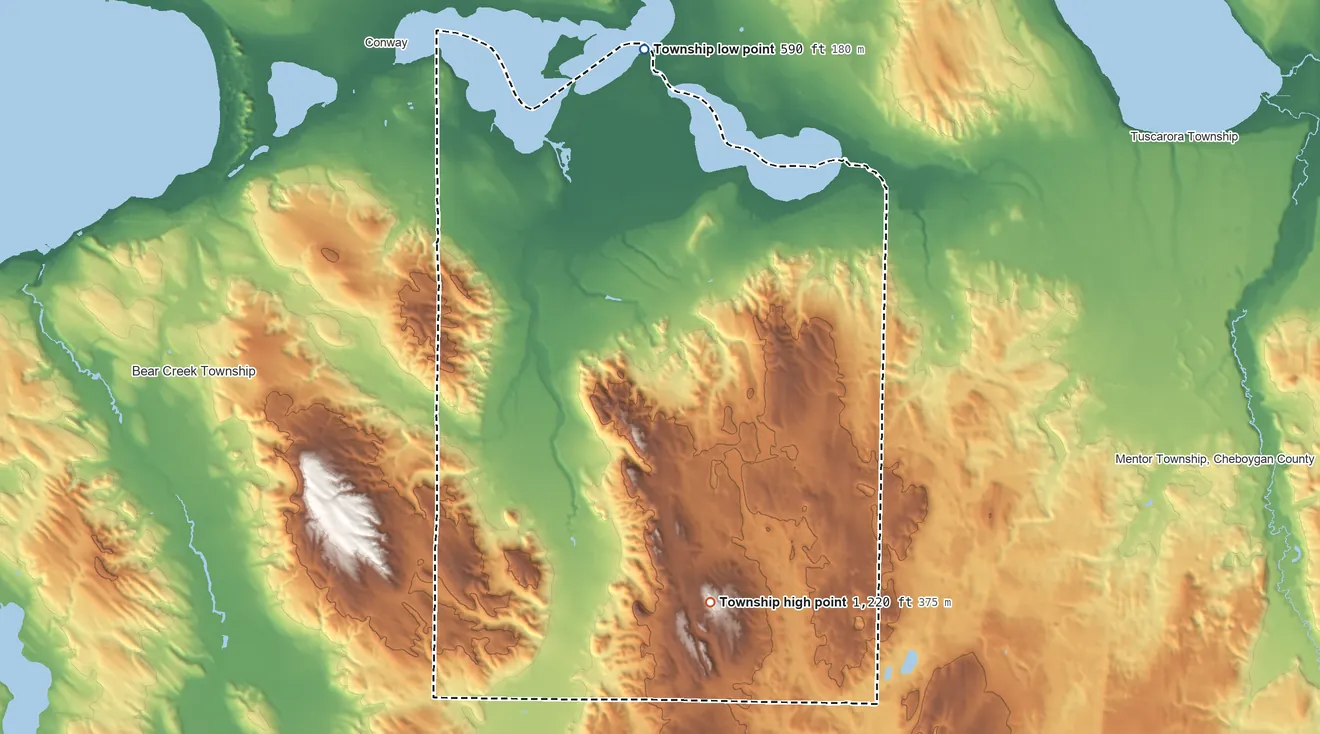 Topographic elevation map of Springvale Township, Michigan, shaded from 590 ft on the north side to 1,220 ft on the south side