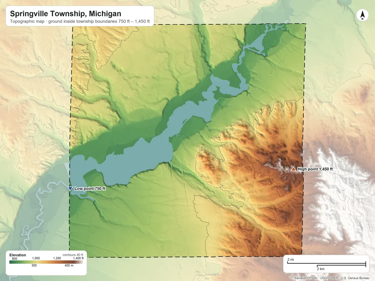 Topographic elevation map of Springville Township, Michigan, shaded from 750 ft on the southwest side to 1,450 ft on the southeast side