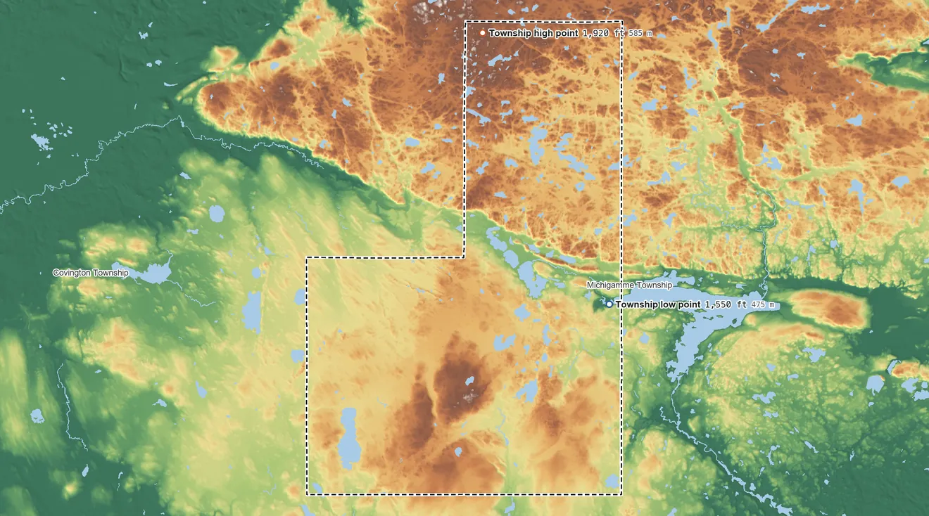 Topographic elevation map of Spurr Township, Michigan, shaded from 1,550 ft on the east side to 1,920 ft on the north side